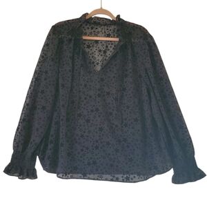 Womens LOFT Black Dressy Sheer Star Blouse Ruffle Collar Sleeves Size XL